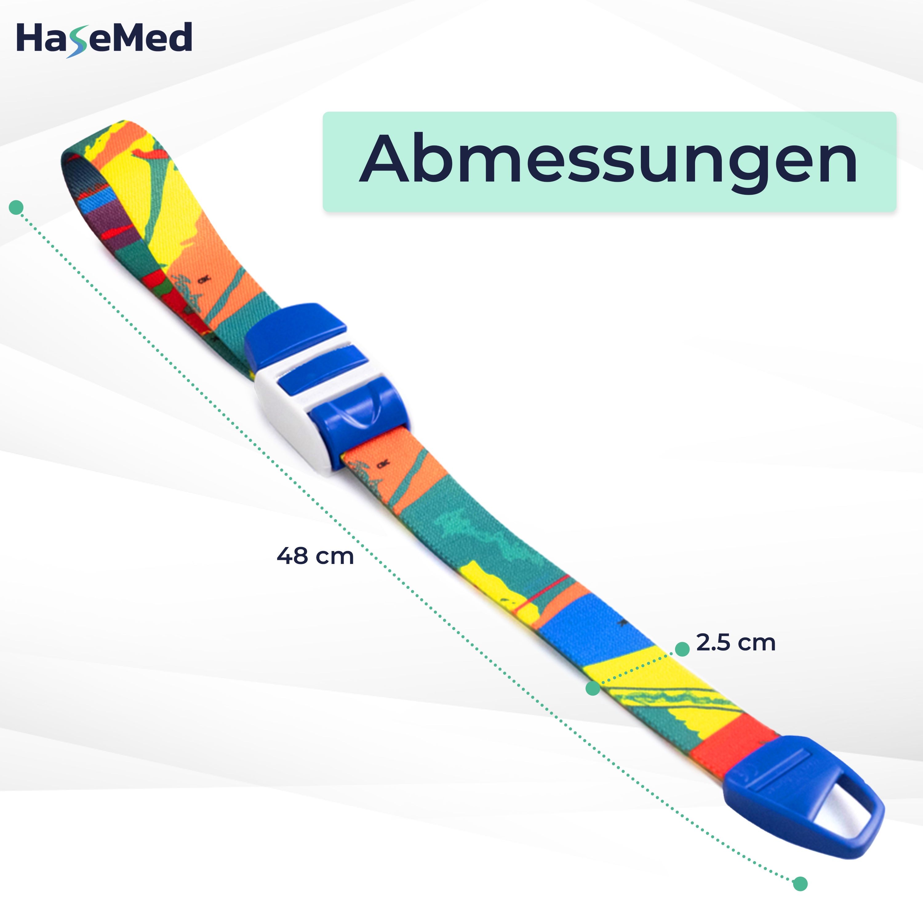 Venenstaugerät mit farbigem Band, 48 cm lang, 2,5 cm breit. Blaue Verschlüsse. Marke: HaseMed.