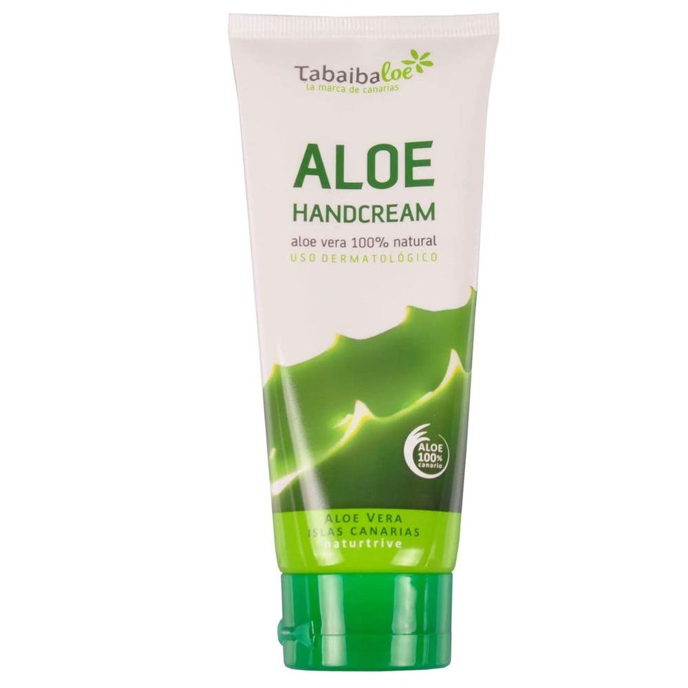 Weiß-grüne Tube mit Aufschrift ALOE HANDCREAM. Aloe Vera-Blatt-Illustration. Text: Aloe Vera 100% natural. Dermatologisch getestet.