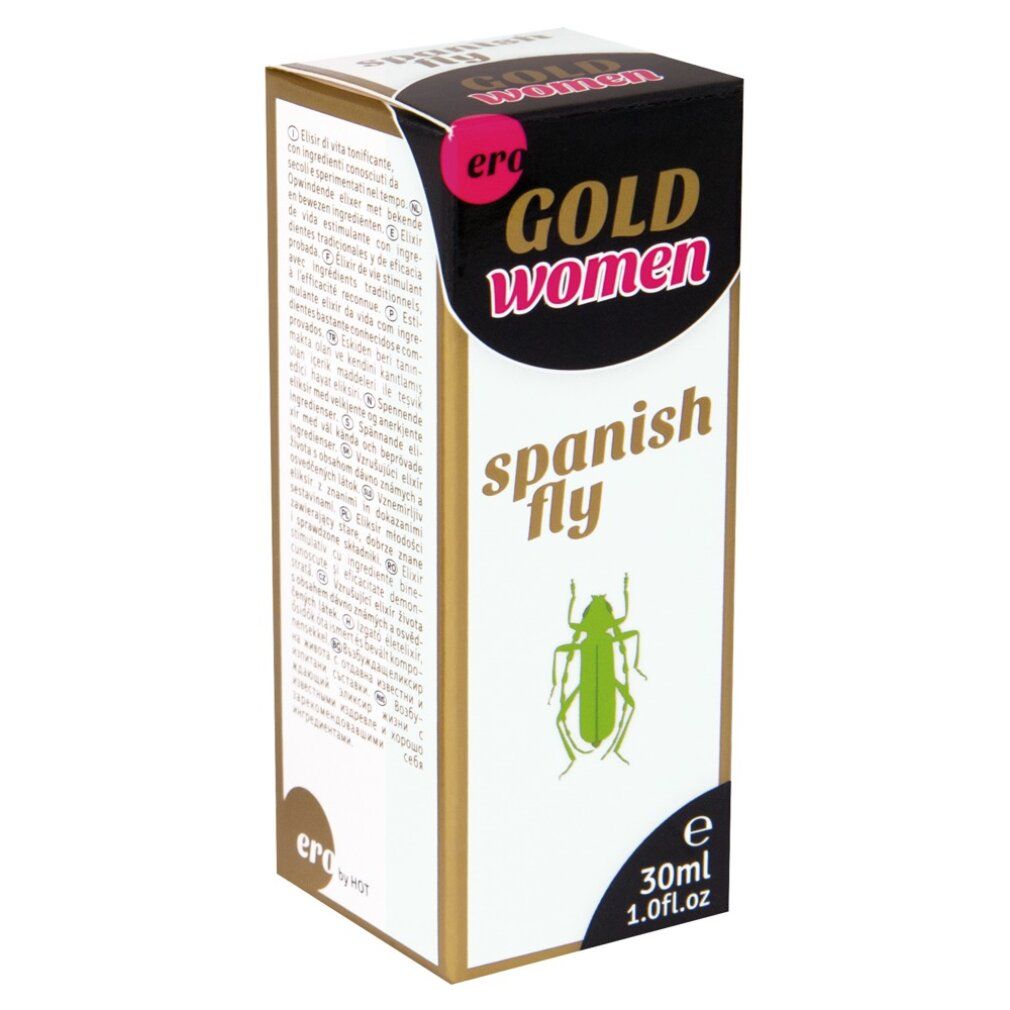 Produktverpackung mit Produktnamen und Inhaltsangaben. Goldfarbene und schwarze Akzente.