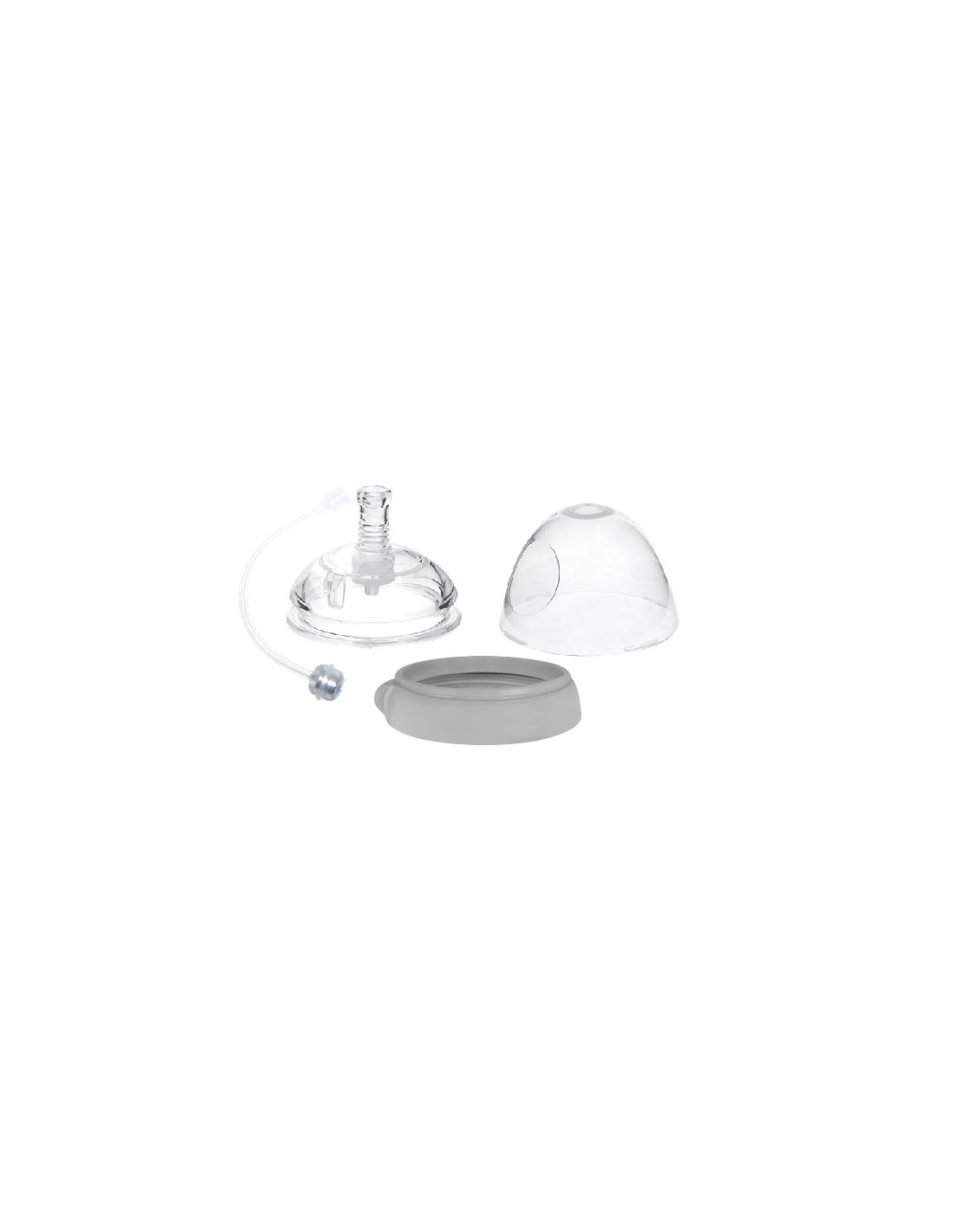Trinkflaschenaufsatz-Set, transparent und grau. Enthält Deckel, Strohhalm, Verschluss und Basis.