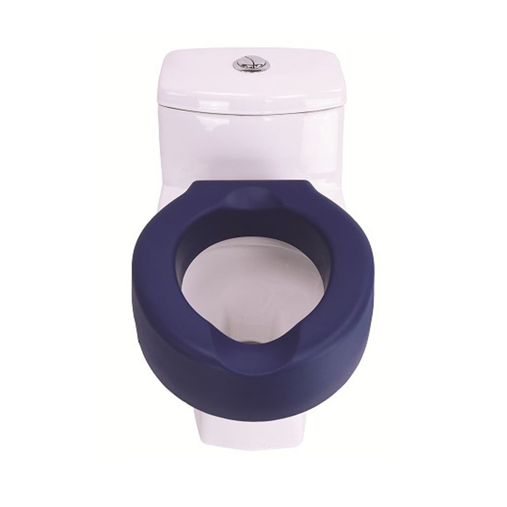 Toilettensitzerhöhung, blau. Auf einer Toilette montiert. Erhöhte Sitzfläche mit ergonomischer Form.
