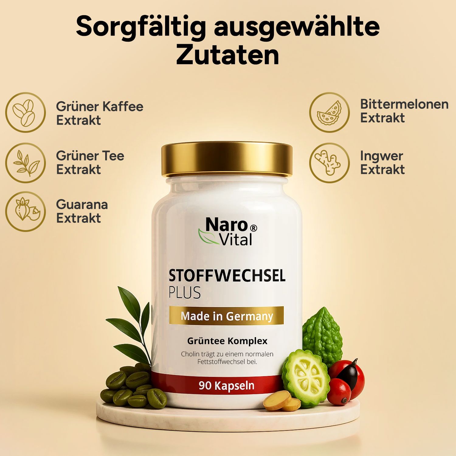 Weiße Flasche mit goldener Kappe. Aufschrift: Naro Vital, Stoffwechsel Plus, 90 Kapseln. Zutaten: Grüner Kaffee, Tee, Bittermelone, Guarana, Ingwer.