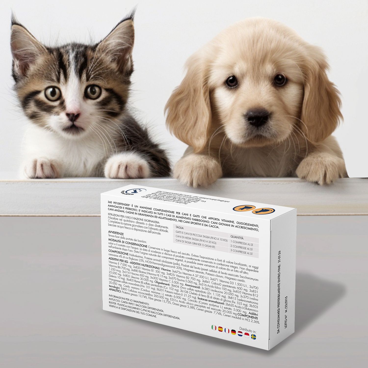 Confezione "360 PET DEFENDER" tra gatto e cane. Testo sulla confezione.