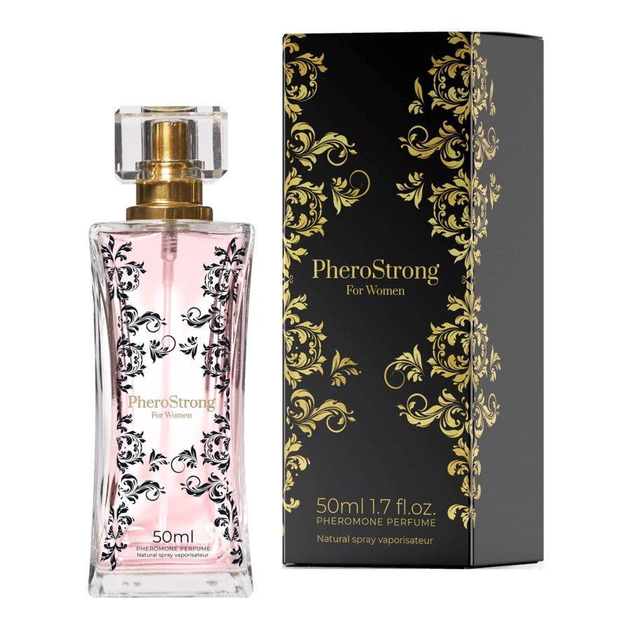 Glasflakon und schwarzer Karton. Flakon mit rosa Flüssigkeit, goldfarbenem Verschluss. Text: PheroStrong, 50ml. Karton mit goldenen Ornamenten.