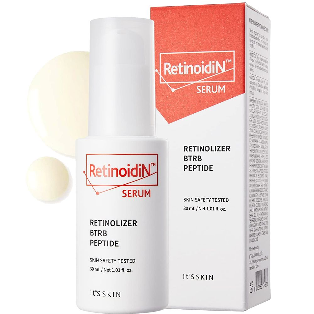 Weiße Flasche mit Pumpe und Verpackung. Roter Schriftzug "Retinoidin Serum". Text: Retinolizer, BTRB, Peptide. Marke: IT'S SKIN.