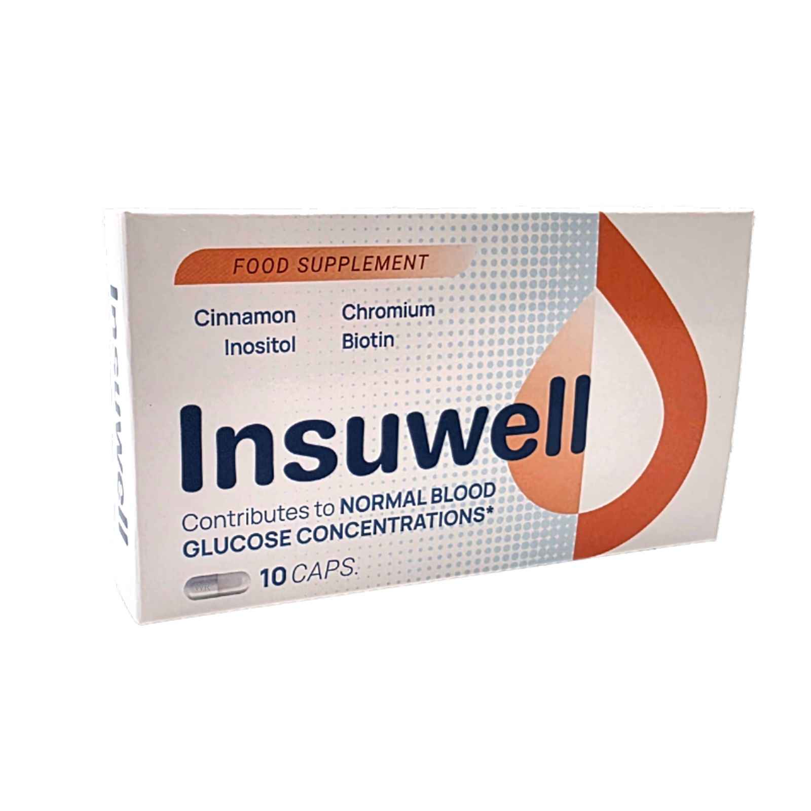Karton mit "Insuwell"-Kapseln. Enthält 10 Kapseln. Aufschrift: "Nahrungsergänzungsmittel". Zutaten: Zimt, Inositol, Chrom, Biotin.