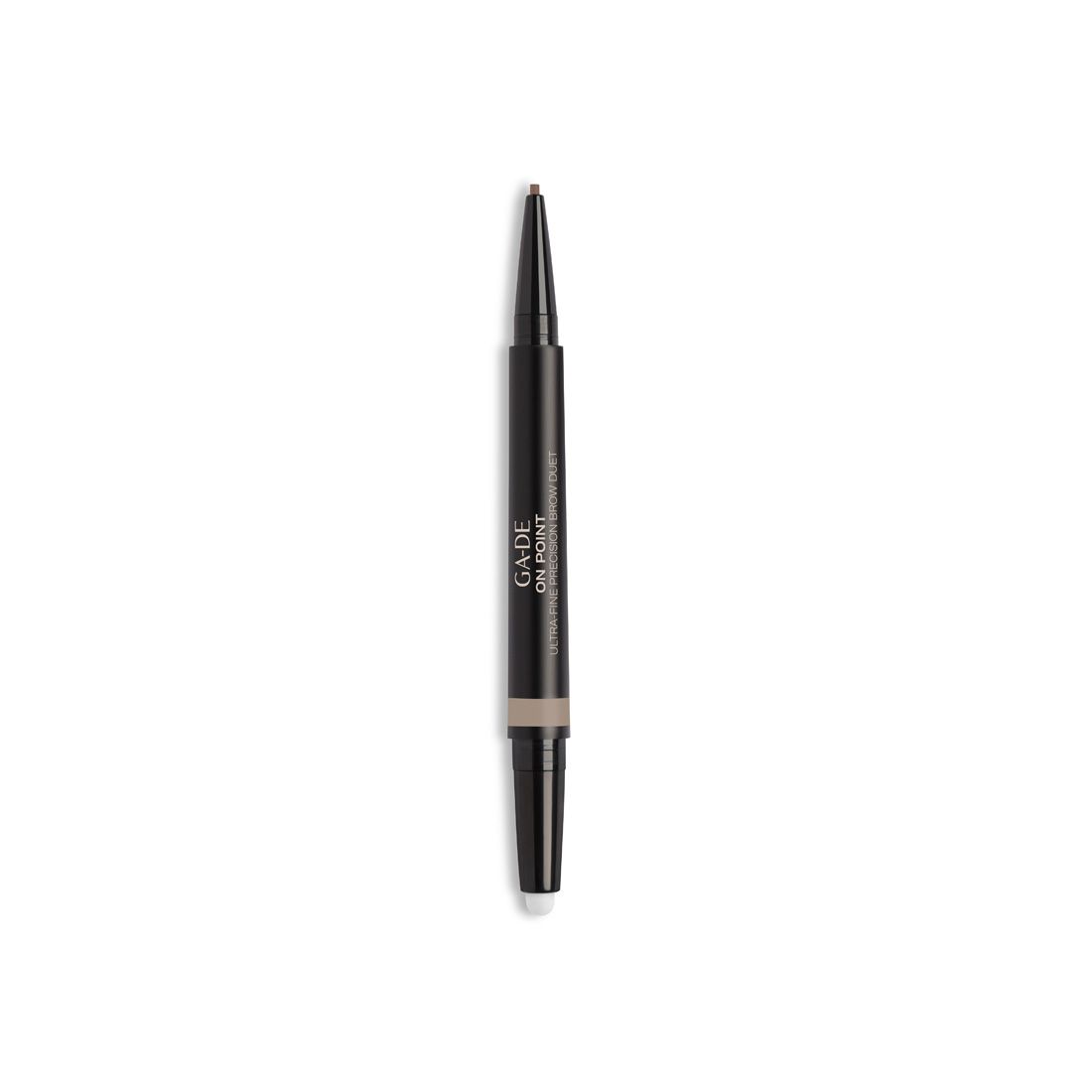 Ga-De On Point Ultra Fine Brow Duet. Doppelstift mit Augenbrauenstift und Bürste. Schwarzer Stift mit hellbraunen Enden.