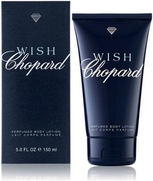 Dunkelblaue Tube und Schachtel mit weißem Schriftzug "Wish Chopard". Text: "Perfumed Body Lotion". 150 ml.