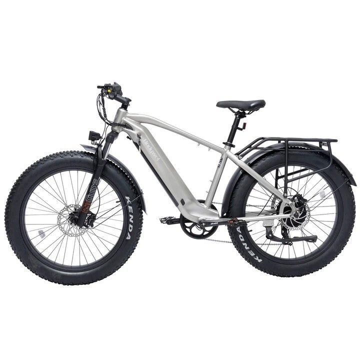 Graues E-Mountainbike mit schwarzen Reifen und Gepäckträger. Kenda-Reifen. Scheibenbremsen. Bodywel D6.