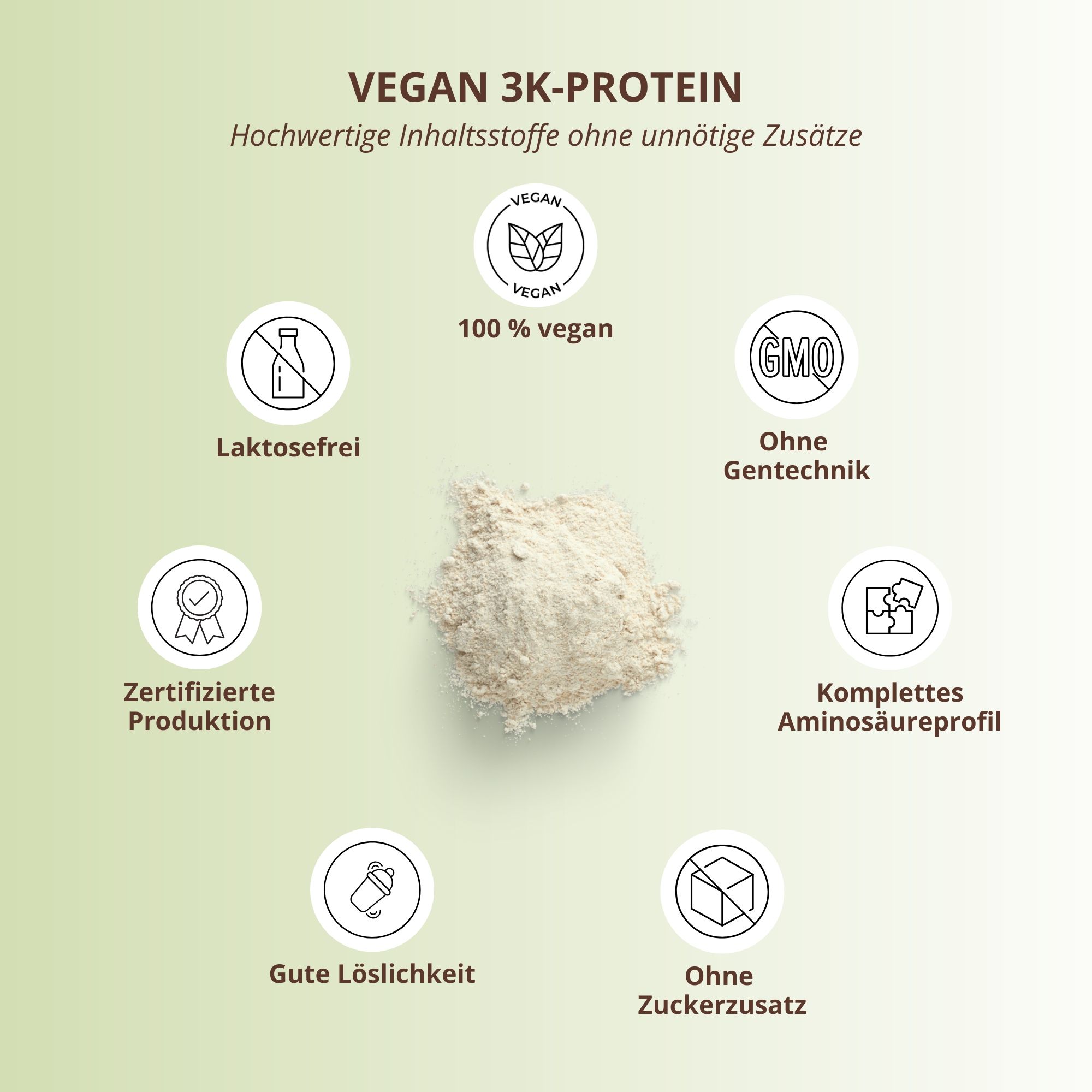 Kreisförmige Anordnung von Symbolen. Text: 'VEGAN 3K-PROTEIN', '100% vegan', 'laktosefrei', 'ohne Gentechnik', 'zertifizierte Produktion', 'komplettes Aminosäureprofil', 'gute Löslichkeit', 'ohne Zuckerzusatz'.