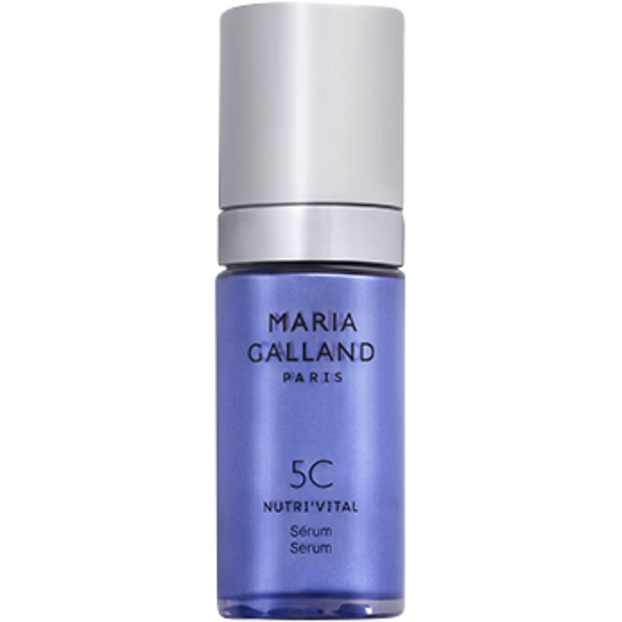 Maria Galland Paris 5C-Sérum Nutri'Vital. Flakon mit silbernem Deckel. Blaue Flasche mit weißer Schrift. Produktname und Serum-Bezeichnung.