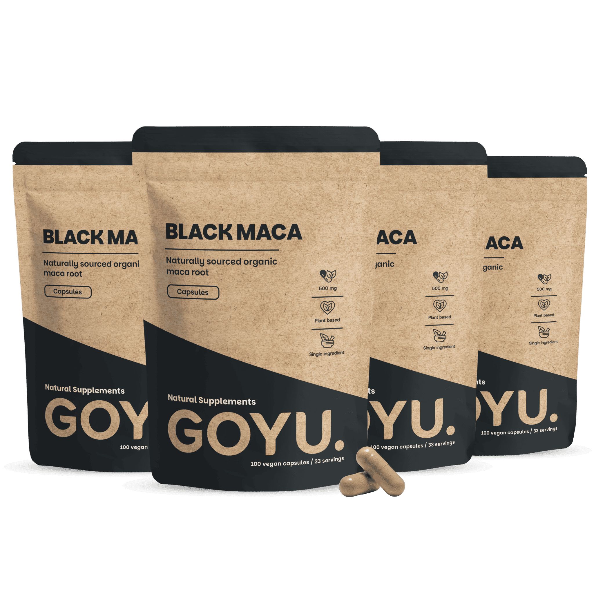 Vier Packungen GOYU Black Maca Kapseln, natürlich gewonnene Bio-Maca-Wurzel, 100 vegane Kapseln pro Packung.