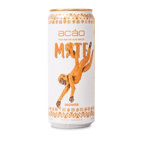 Weiß-goldene Dose mit Aufdruck. "Acao Mate Ingwer" Schriftzug und Illustration eines Affen.