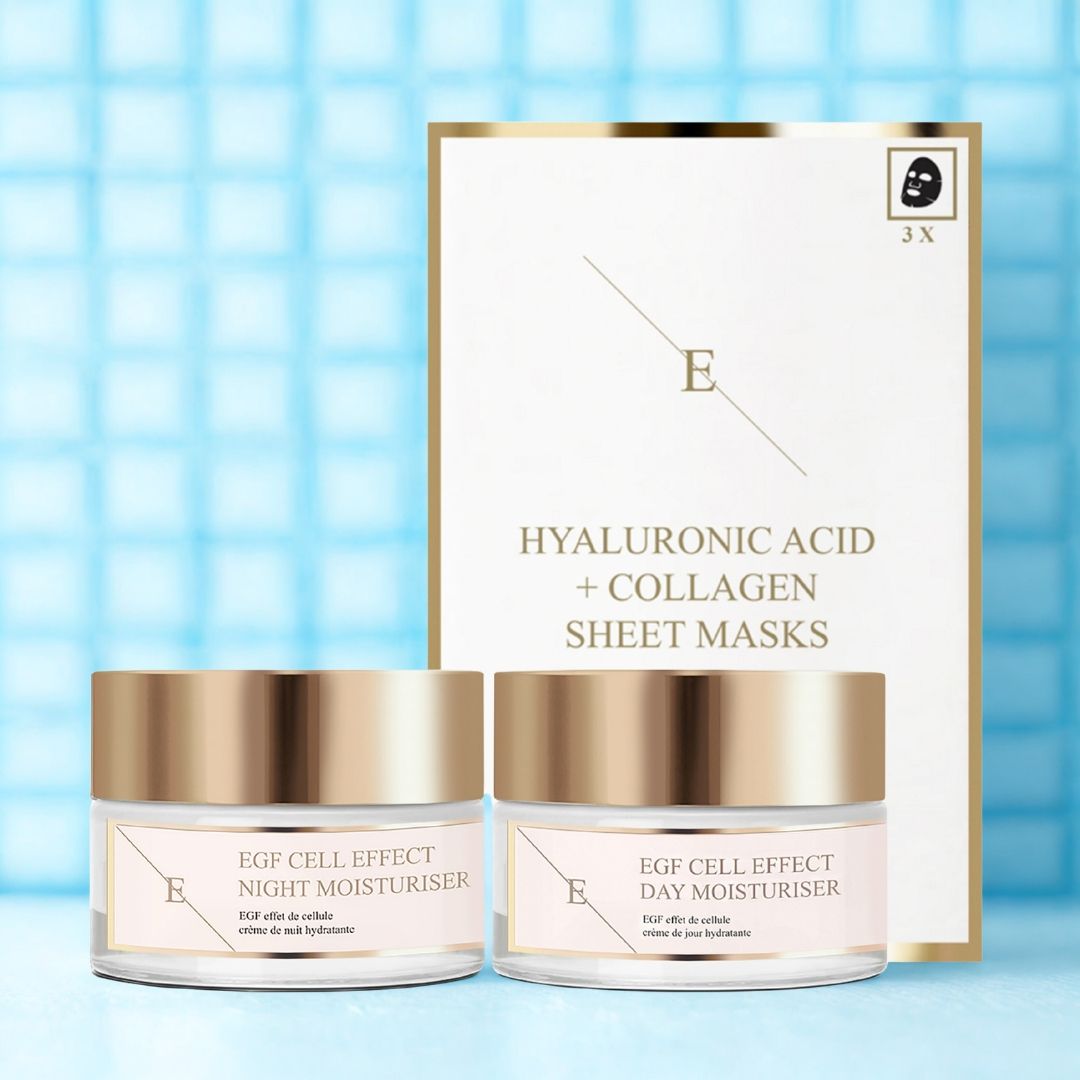 Zwei Cremetiegel und eine Packung Masken. Auf den Tiegeln steht "EGF Cell Effect". Die Maskenpackung trägt die Aufschrift "Hyaluronsäure + Kollagen".