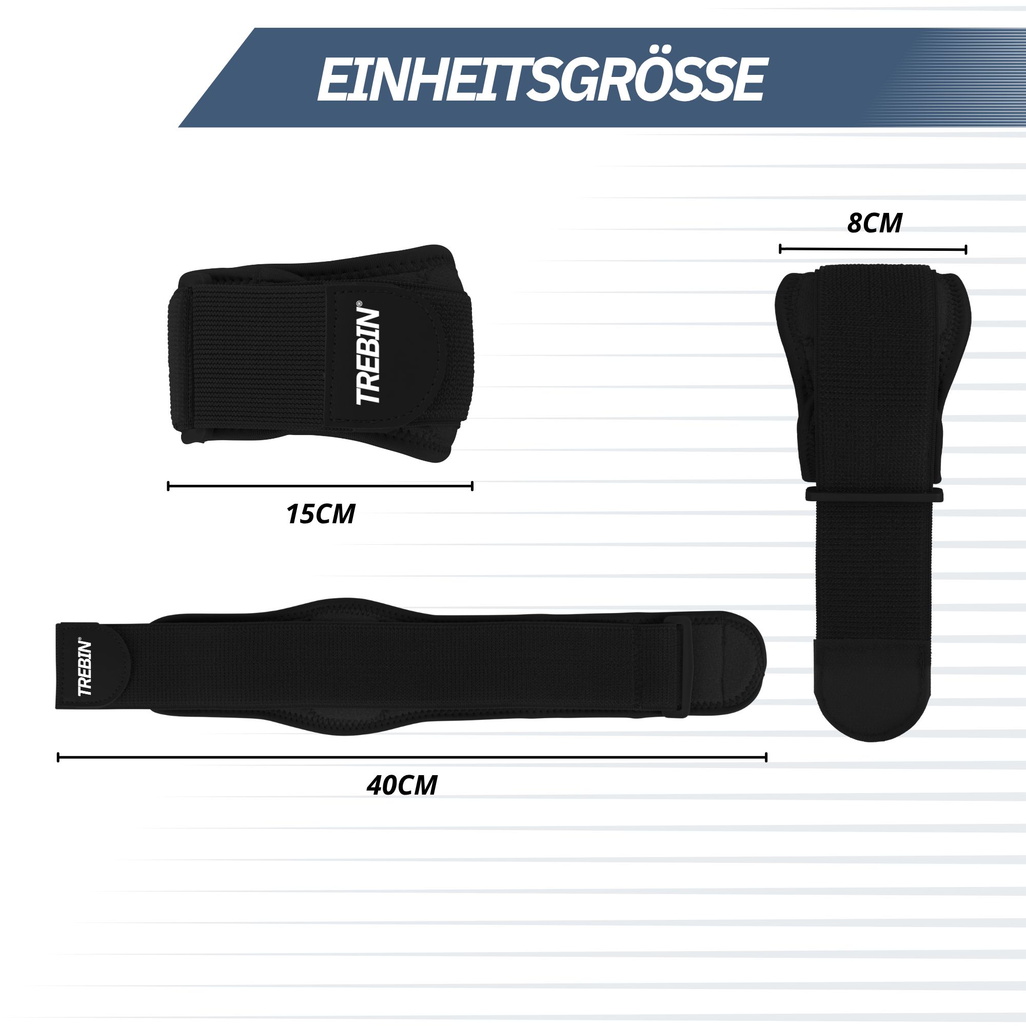 Schwarze Bandagen in verschiedenen Größen: 15cm, 40cm und 8cm breit. Mit 'TREBIN' Logo.