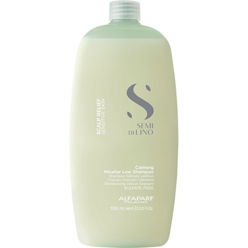 Große grüne Flasche mit silbernem Deckel. Text: SCALP RELIEF, SEMI DI LINO, Calming Micellar Low Shampoo, ALFA PARF, SULFATE FREE.