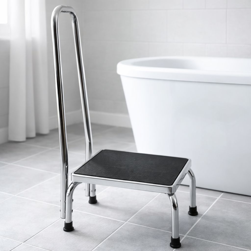 Trittschemel aus Metall mit Haltegriff und Antirutsch-Trittfläche.