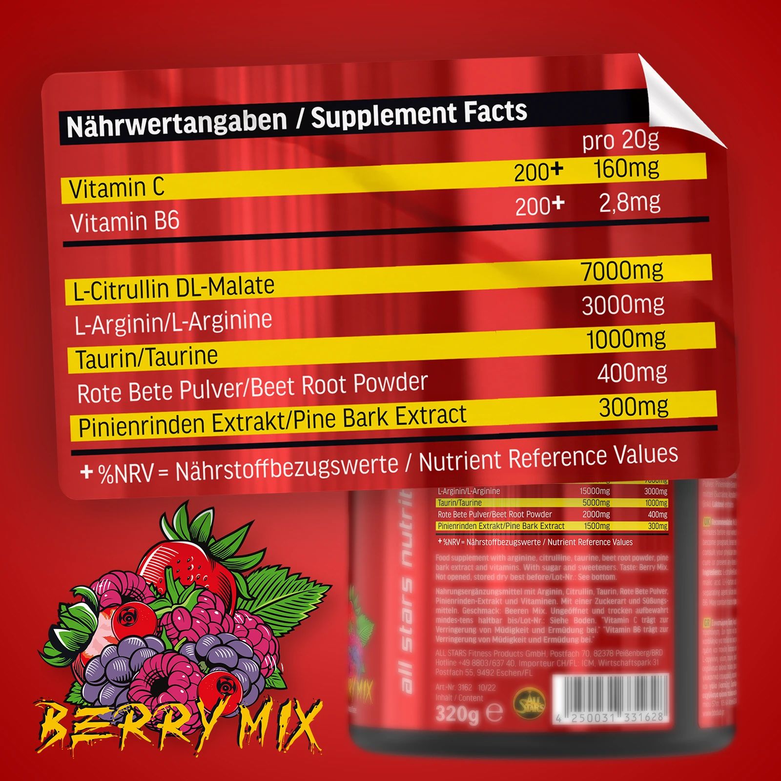 Rotes Etikett mit Nährwertangaben. Enthält Vitamin C, Vitamin B6, L-Citrullin, L-Arginin, Taurin, Rote Bete Pulver und Pinienrindenextrakt.