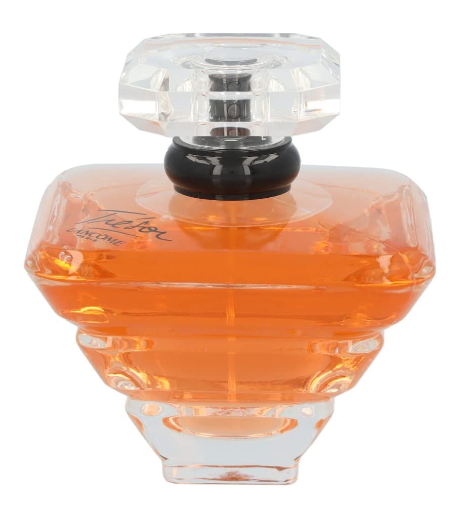 Parfümflakon, bernsteinfarbenes Glas, klarer Deckel. Schriftzug Trésor und Lancôme.