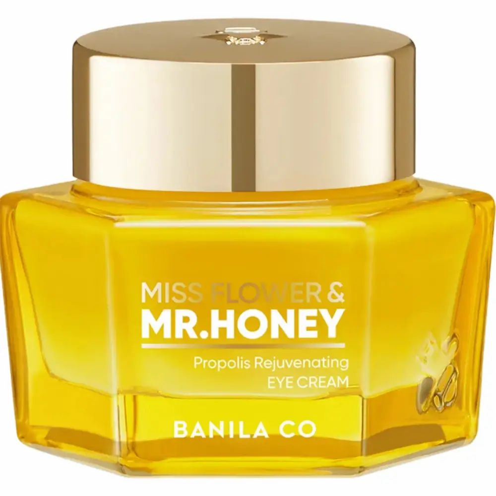 Gelb-transparenter Tiegel mit goldenem Deckel. Aufschrift: MISS FLOWER & MR. HONEY, Propolis Rejuvenating EYE CREAM, BANILA CO.
