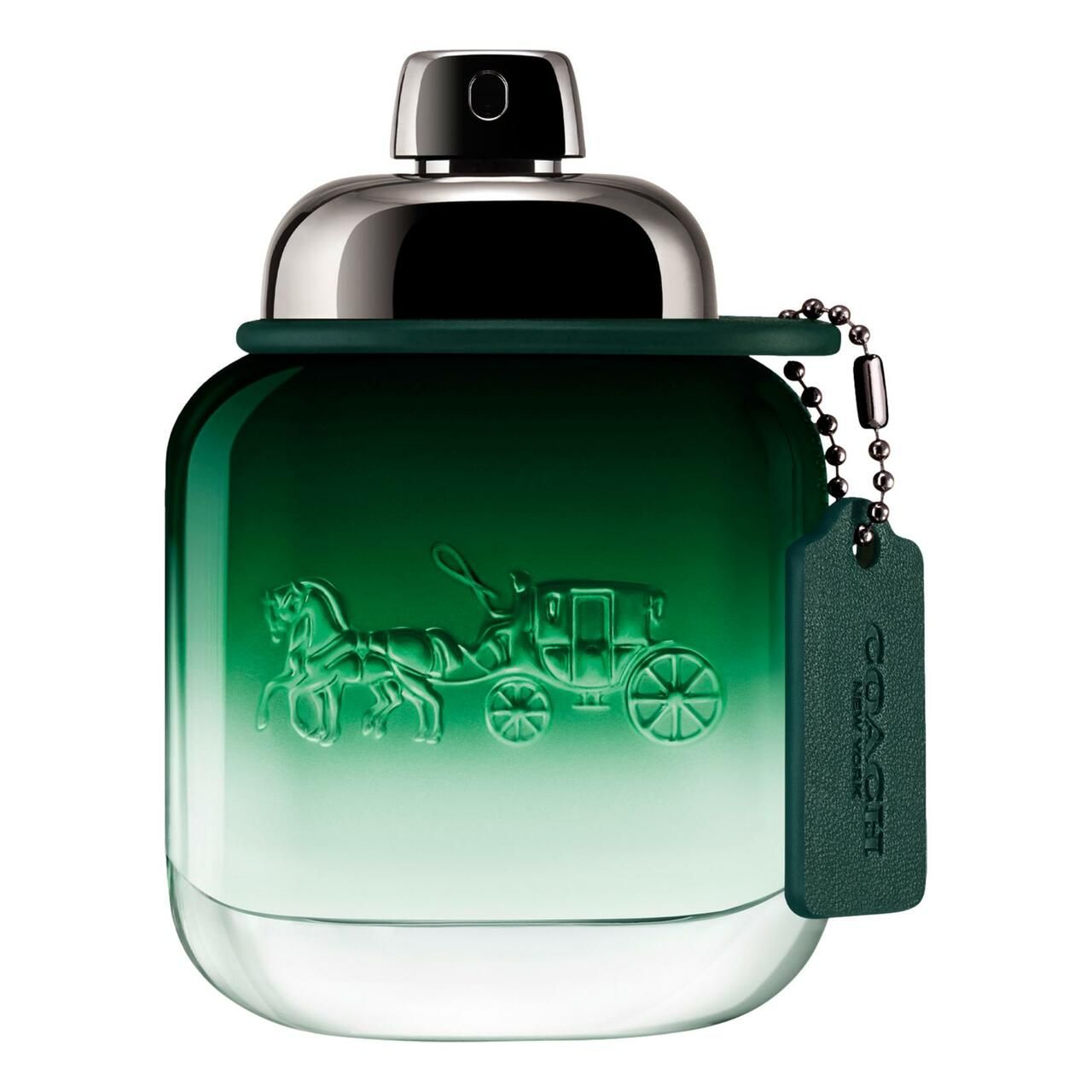Grüner Coach-Flakon mit silbernem Deckel und Anhänger. Aufschrift: Coach. Prägung: Kutsche. Eau de Toilette.