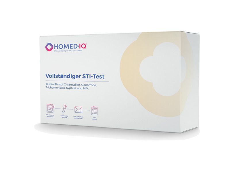 Weiße Box mit Homed-IQ Logo und Aufschrift "Vollständiger STI-Test". Enthält Symbole für Test, Versand und Ergebnis. Für Frauen.