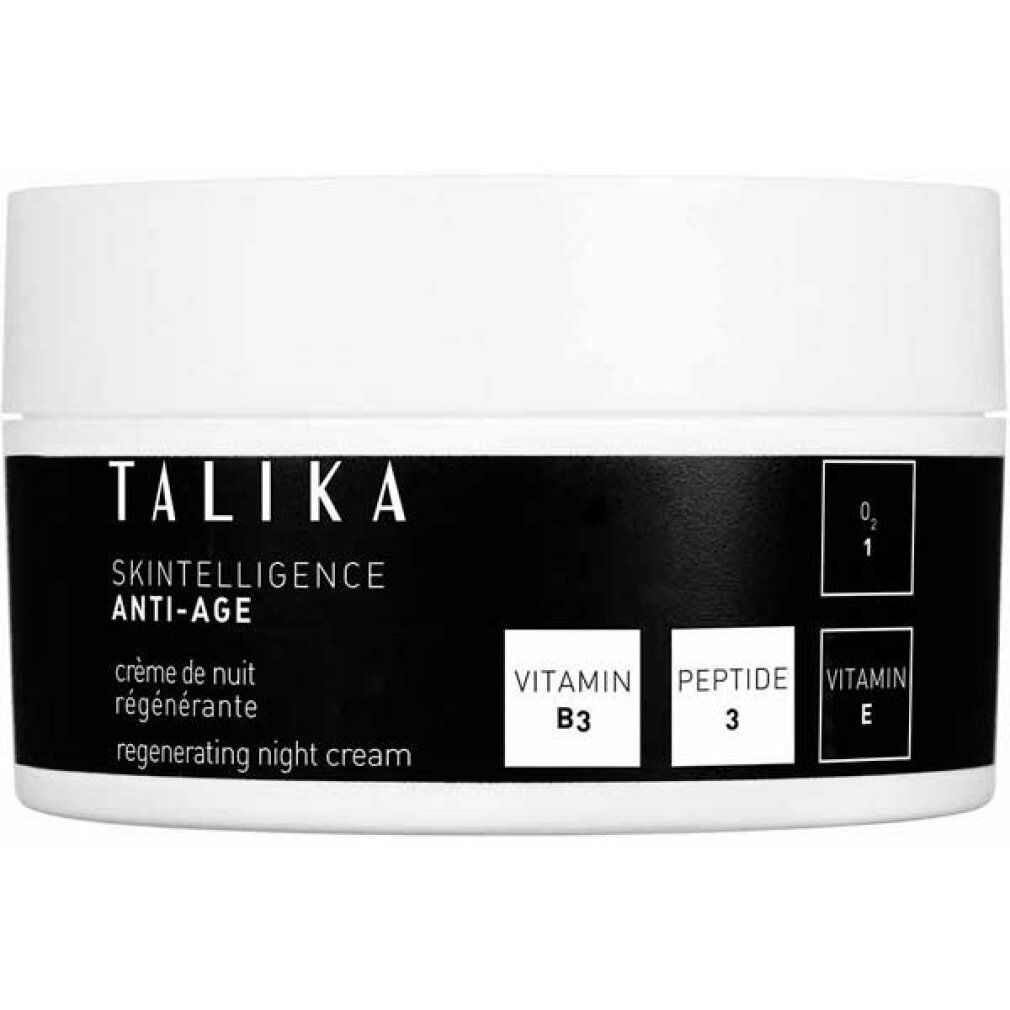 Weißer Tiegel mit schwarzem Etikett. Aufschrift: TALIKA, SKINTELLIGENCE ANTI-AGE, Regenerierende Nachtcreme. Enthält Vitamin B3, Peptid 3, Vitamin E.