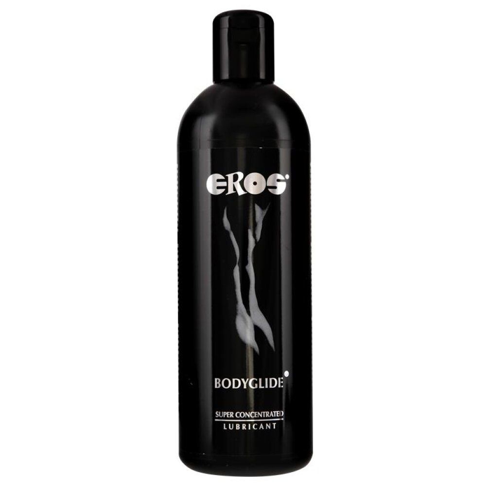 Schwarze Flasche Bodyglide Super Concentrated Lubricant mit silbernem Logo und Silhouette.