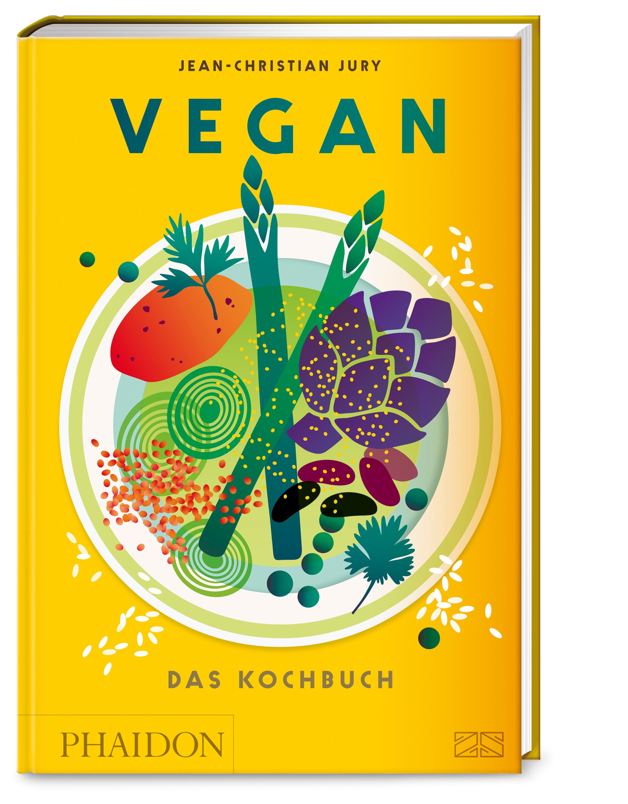 Buchcover: "Vegan - Das Kochbuch". Gelber Hintergrund, Illustration von Gemüse auf einem Teller. Titel und Autor sichtbar.