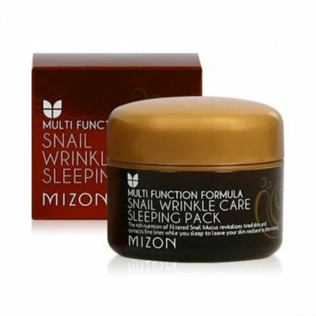 Produktverpackung mit Dose und Schachtel. Aufschrift: Multi Function Formula, Snail Wrinkle Care Sleeping Pack, Mizon.