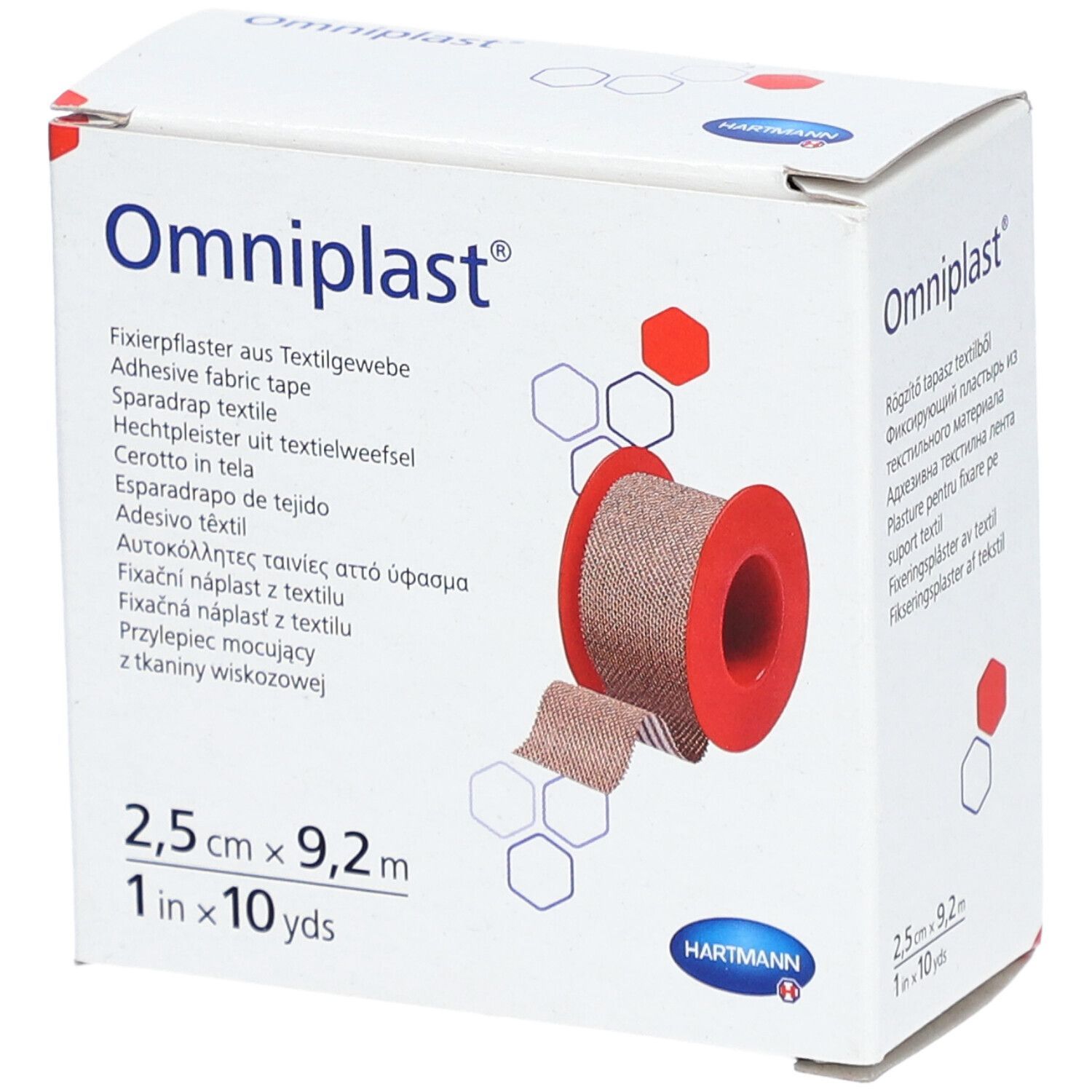 Omniplast Fixierpflaster. Rolle in Verpackung. 2,5 cm x 9,2 m. Textilgewebe. Hartmann Logo.