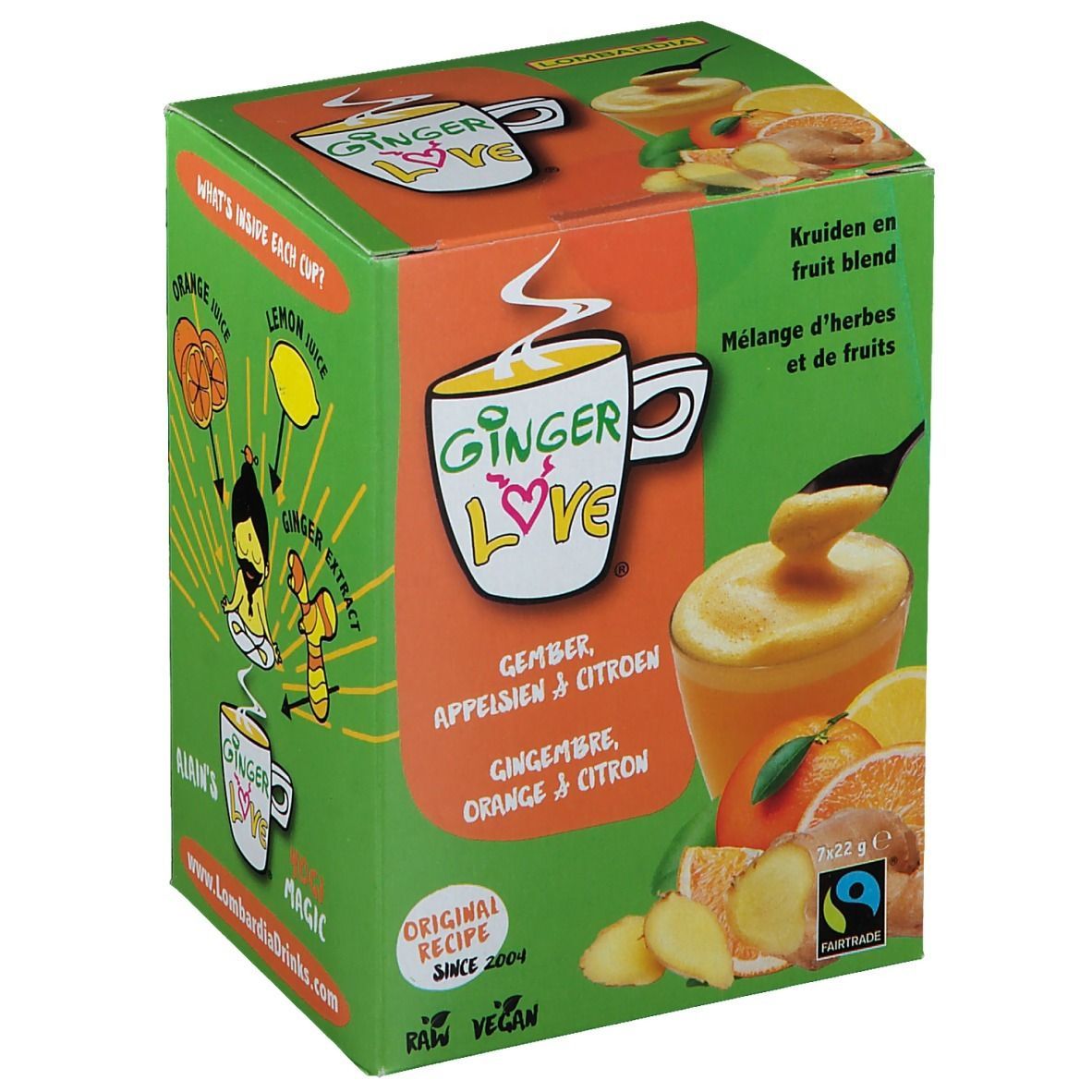 Grüne Schachtel mit "Ginger Love"-Logo. Enthält Kräuter- und Fruchtmischung. Abbildung von Ingwer, Orange und Zitrone.
