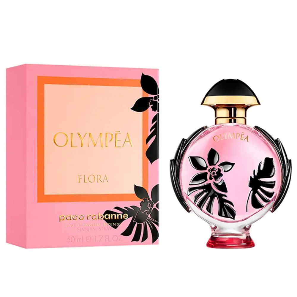 Rosa Flakon mit schwarzem Deckel und floralem Design, neben rosa Schachtel mit goldener Schrift. Olympea Flora.