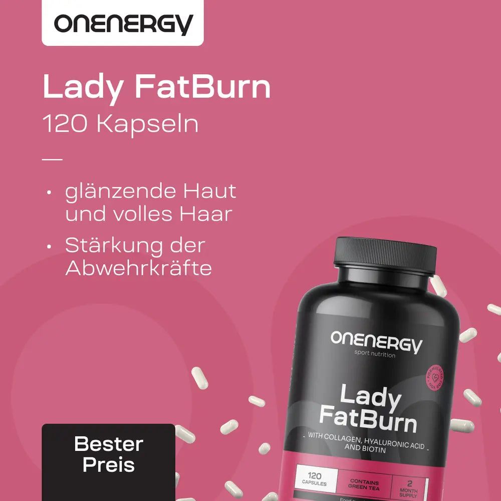 Werbebild mit Produkt. Flasche: OnEnergy Lady FatBurn. 120 Kapseln. Rosa Hintergrund. Text: glänzende Haut und volles Haar, Stärkung der Abwehrkräfte.