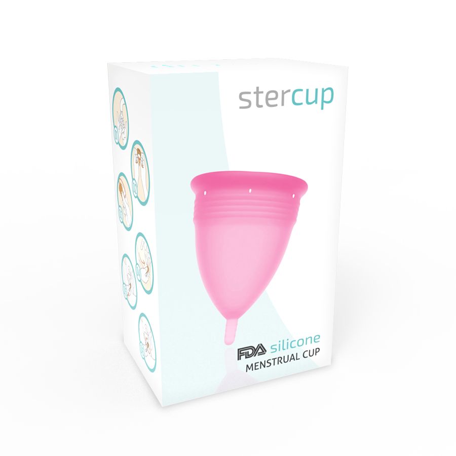 Verpackung mit rosa Menstruationstasse. Aufschrift 'stercup' und 'FDA silicone MENSTRUAL CUP'.