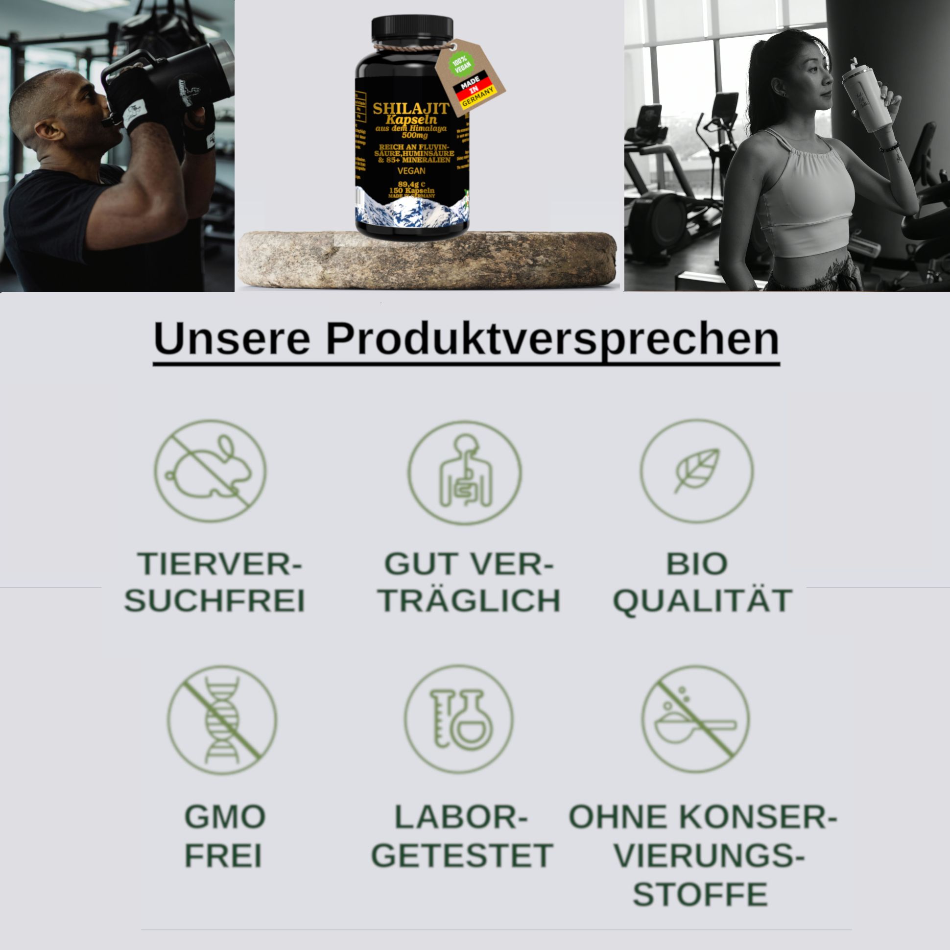 Produktversprechen: Tierversuchsfrei, gut verträglich, Bio-Qualität, GVO-frei, laborgetestet, ohne Konservierungsstoffe. Icons.