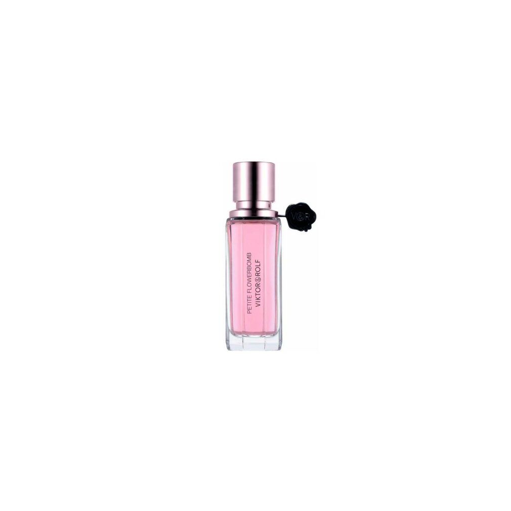 Rosa Parfümflakon. Aufschrift: PETITE FLOWERBOMB VIKTOR&ROLF. Schwarze Verschlusskappe mit Logo.
