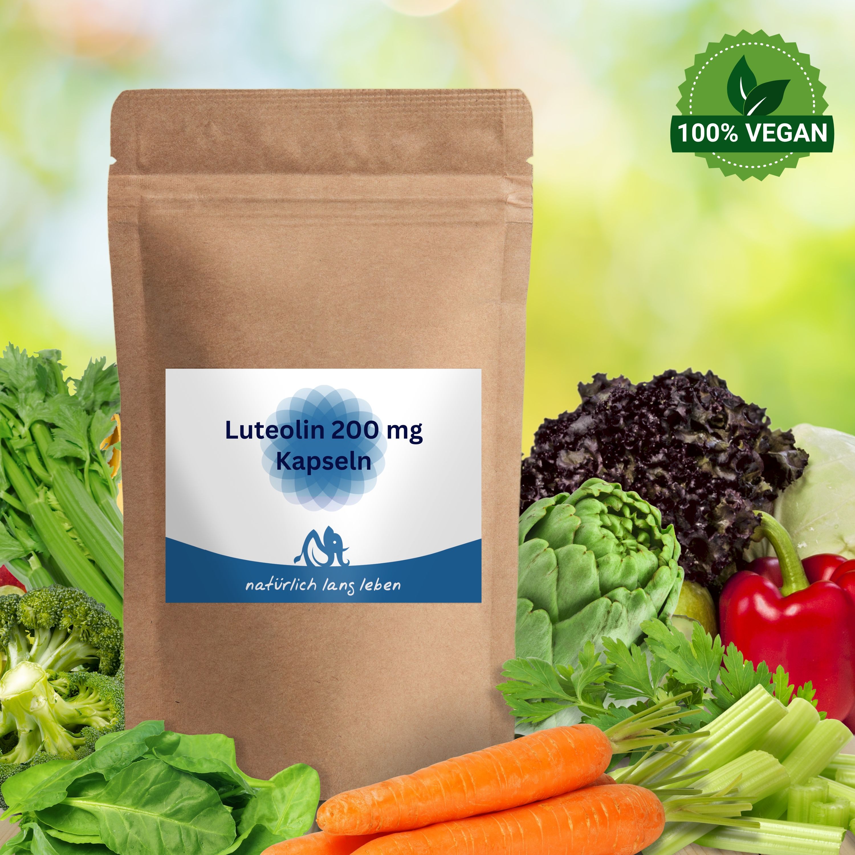 Braune Tüte mit blau-weißem Etikett. Aufschrift: Luteolin 200 mg Kapseln. Umgeben von Gemüse und dem Logo 100% Vegan.
