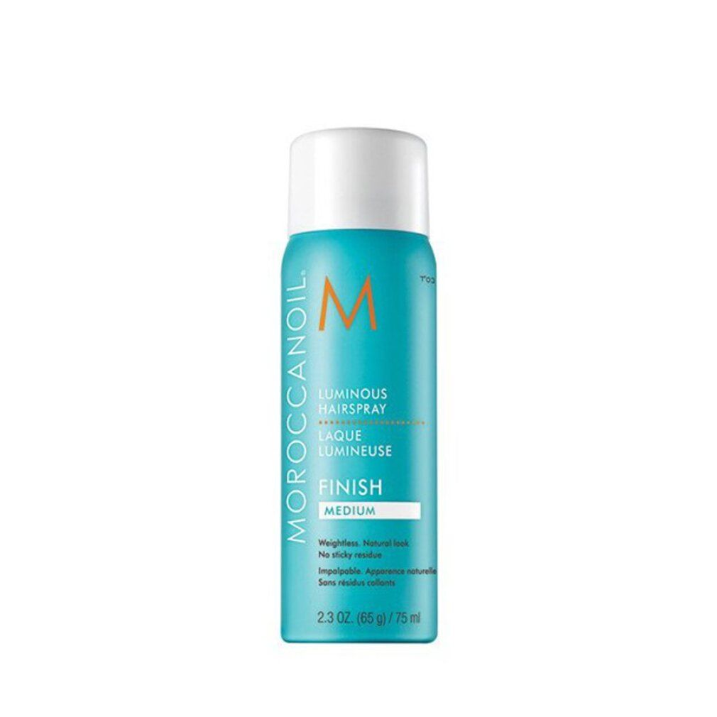 Türkisblaue Sprühflasche mit weißem Deckel. Aufschrift MOROCCANOIL, Luminous Hairspray, Finish Medium. Nettoinhalt: 2 oz. (56 g).