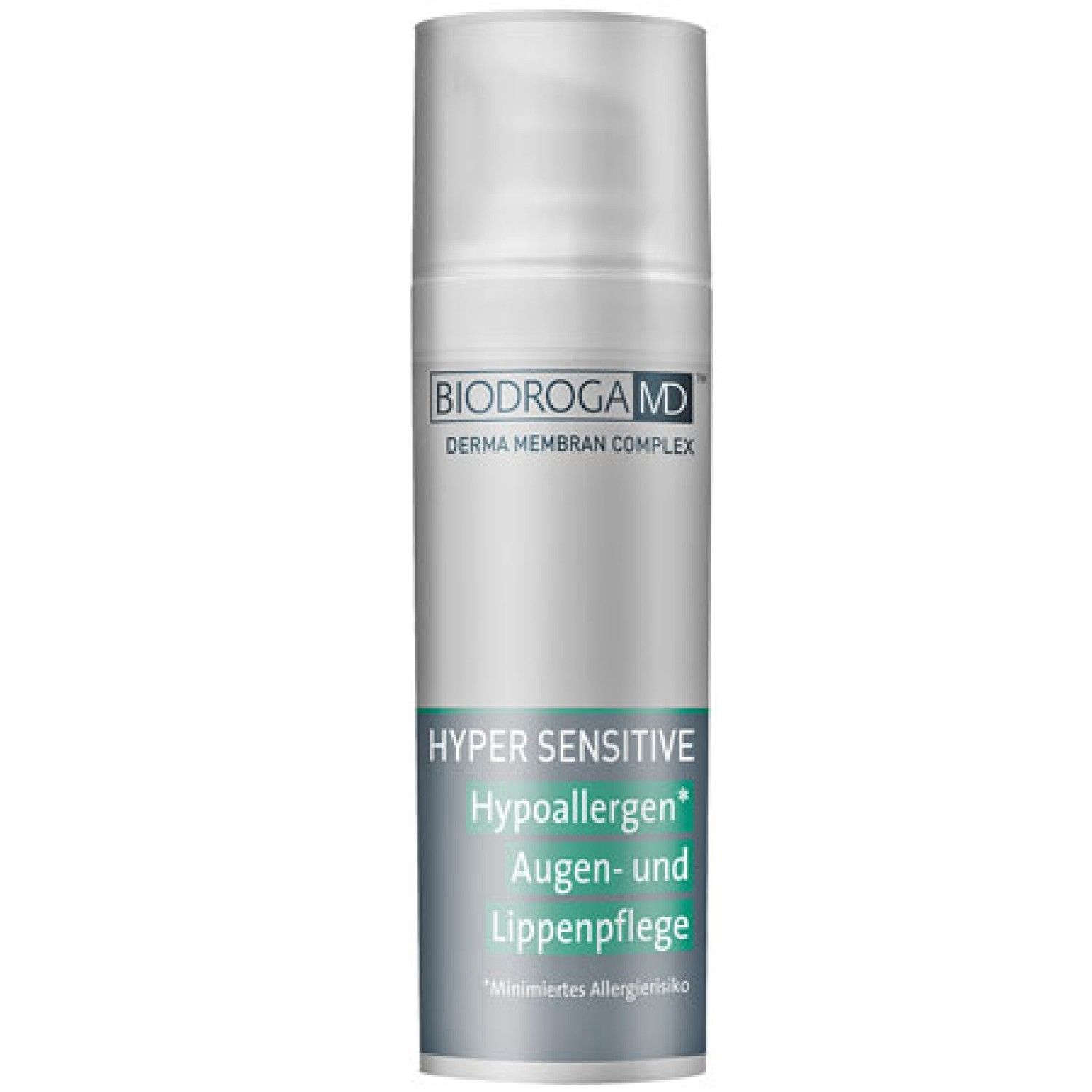 Zylinderförmige Flasche. Oben weißer Deckel, darunter silberfarbener Behälter. Beschriftung: BIODROGA MD, HYPER SENSITIVE, Augen- und Lippenpflege.