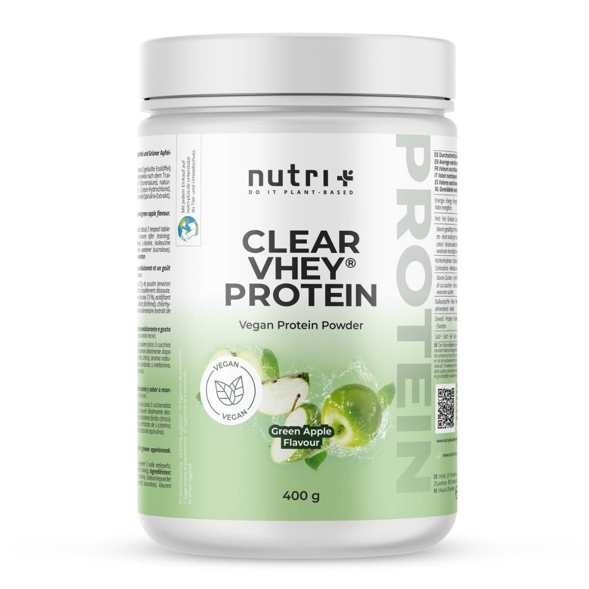 Weißer Behälter mit "nutri+" und "CLEAR VHEY PROTEIN" Aufdruck. Vegan Protein Pulver, Geschmacksrichtung Grüner Apfel, 400g.
