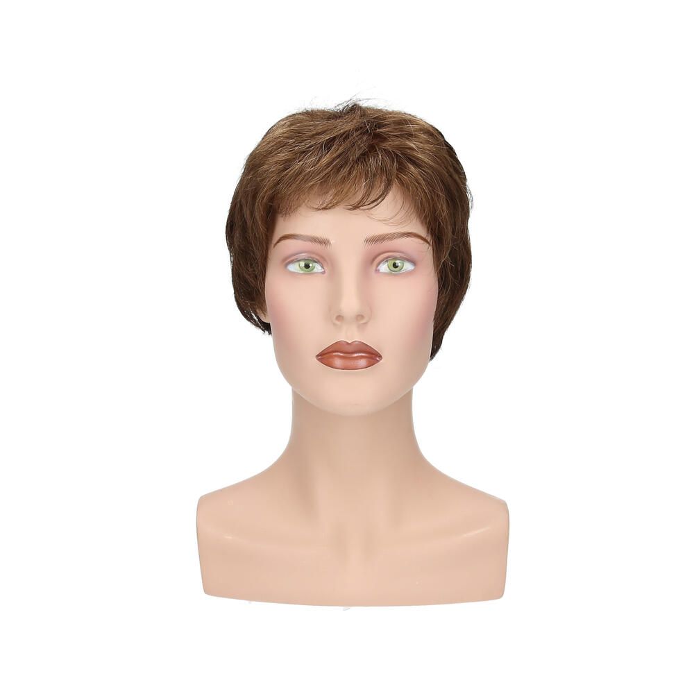 Perücke Lima von degenhardt auf einer Büste. Kurze, braune Haare mit Pony. Frontale Ansicht.