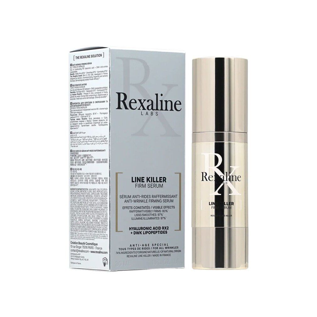 Produkt und Verpackung. Goldfarbene Flasche, graue Verpackung. Aufschrift: Rexaline, Line Killer Firm Serum.