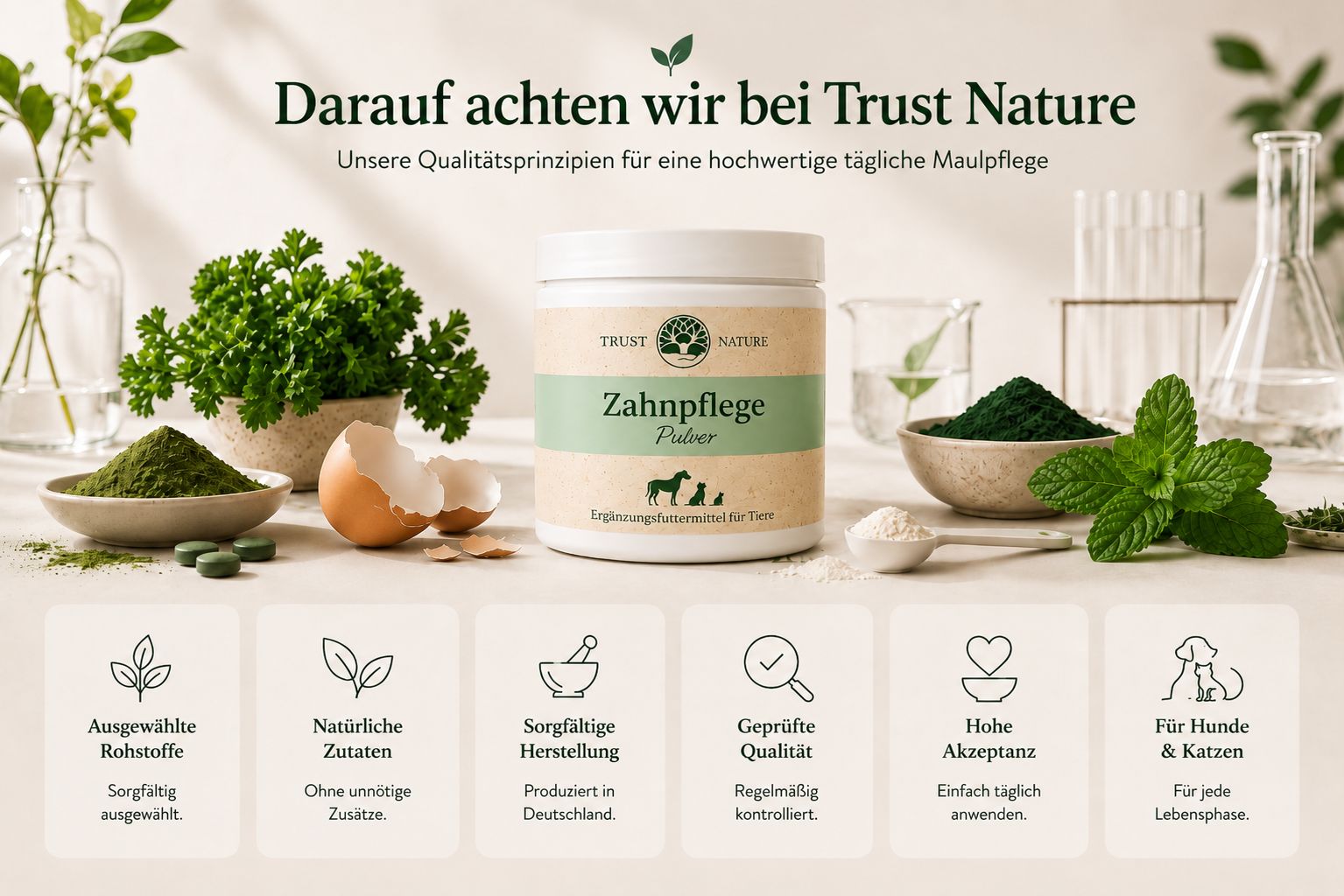 Trust Nature Zahnpflege Pulver Dose mit Zutaten und Icons.
