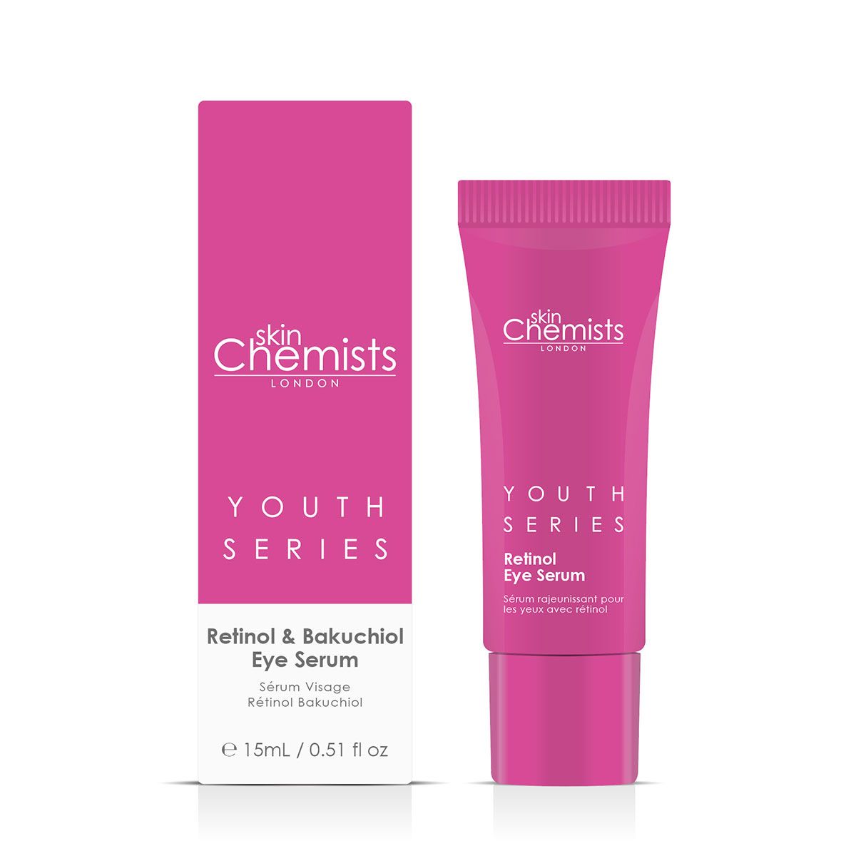 Rosa Tube und Schachtel mit "skinChemists" und "Youth Series Retinol & Bakuchiol Eye Serum". Auf weißem Hintergrund.
