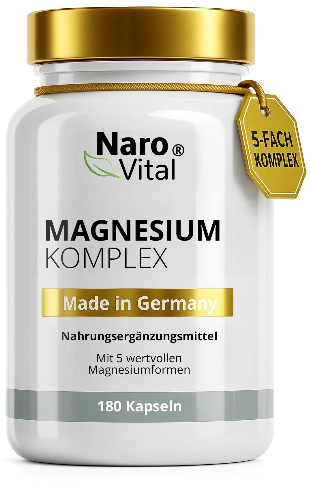 Weiße Flasche mit goldfarbenem Deckel. Aufschrift: Naro Vital Magnesium-Komplex. Etikett mit Text und 180 Kapseln. Anhänger mit 5-fach Komplex.