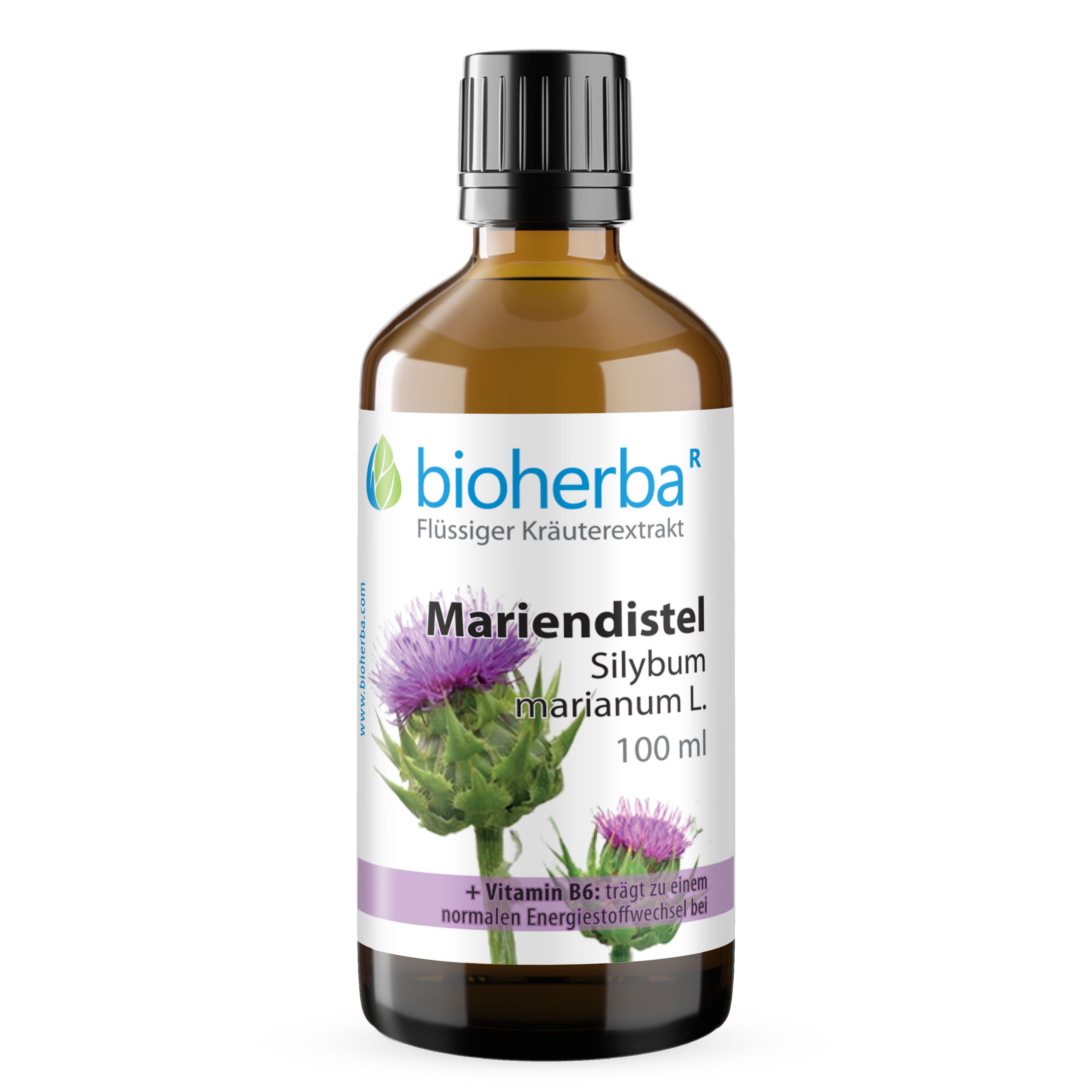 Braune Flasche Mariendistel Tinktur. Mit lila Blüten. 100 ml. Hersteller: Bioherba. Enthält Vitamin B6.
