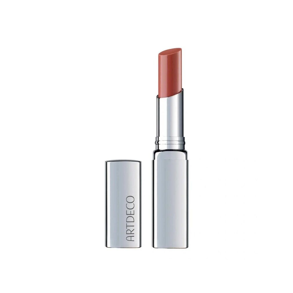 Lippenbalsam mit silberner Hülse und geöffneter Kappe. Der Lippenstift ist in einem warmen Rosaton gehalten. Auf der Hülse steht "ARTDECO".