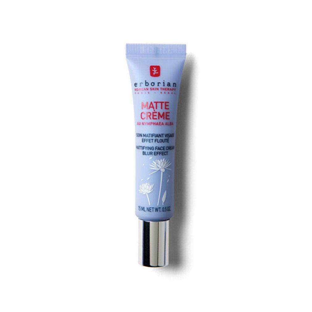 Erborian Matte Crème Tube. Hellblauer Tubenbehälter mit silberner Kappe. Produktname und Text in mehreren Sprachen.