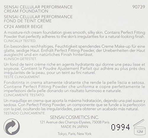 Text auf der Verpackung: Sensai Cellular Performance Cream Foundation, CF24 Amber Beige. Enthält Informationen zur Anwendung und Inhaltsstoffe.